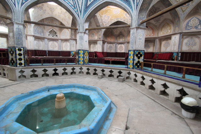 The bathhouse has the shape of a large octagonal hall with an octagonal pool in the middle. Source