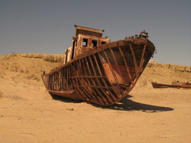 These eerie, rusting ships are the only reminder that this desert used to be a sea. Source