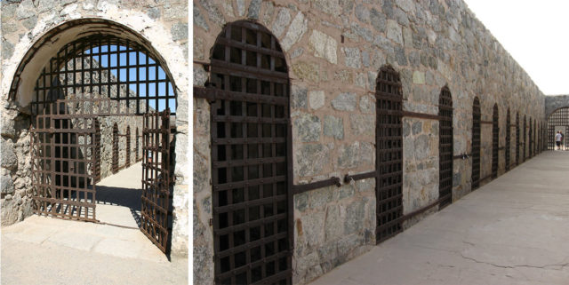 1-Main Gate to the Yuma Territorial Prison. By Ralph Hawkins GFDL. 2-The main cellblock in the Yuma Territorial Prison. By Ken Lund Flickr CC BY-SA 2.0