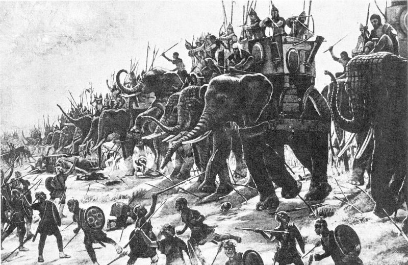 Carthaginian war elephants engage Roman infantry at the Battle of Zama (202 BC). Source: Wikipedia/Public Domain