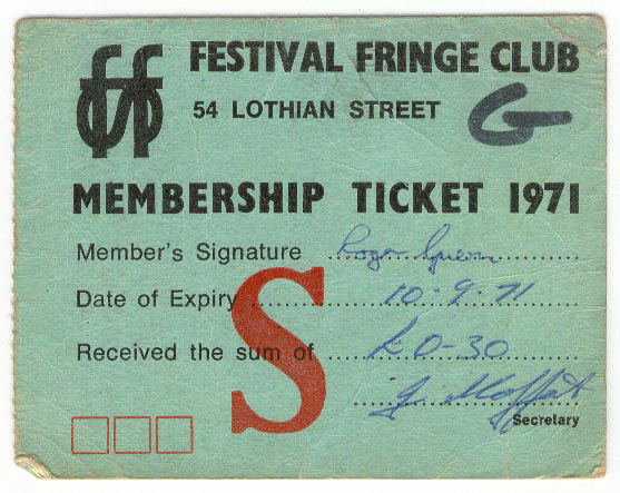 1971 Festival Fringe Club Membership Card