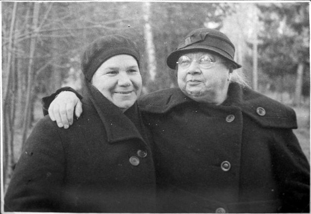 Krupskaya (right) and Klavdia Nikolaeva in 1936 