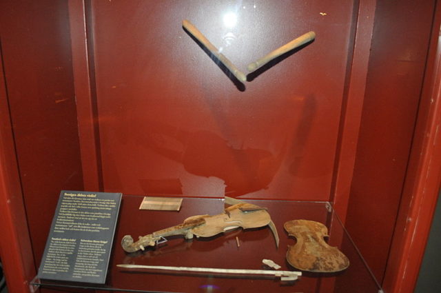 he remains of one of the violins and two drumsticks on display at Kalmar County Museum Photo Credit