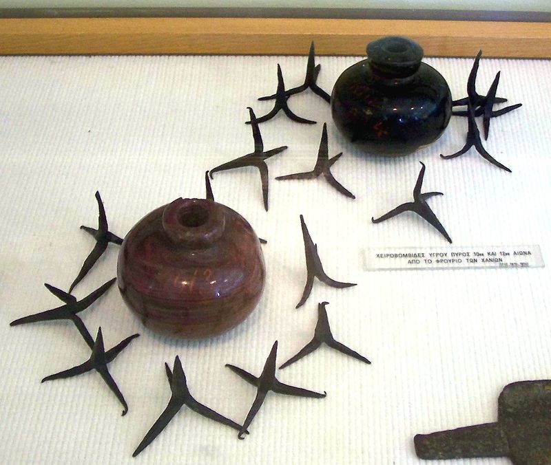 Clay grenades that were filled with Greek fire, surrounded by caltrops, 10th–12th century, National Historical Museum, Athens, Greece
