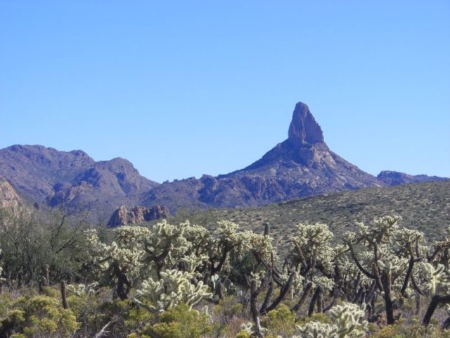 Weaver's Needle is a prominent landmark for locating the lost mine Source:By Chris C Jones - Own work, CC BY-SA 2.5, 