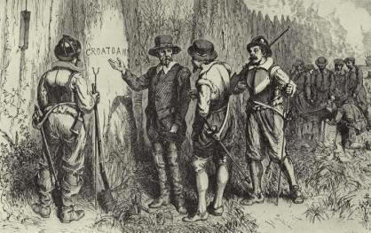 The discovery of the word "Croatoan" carved onto a stockade board