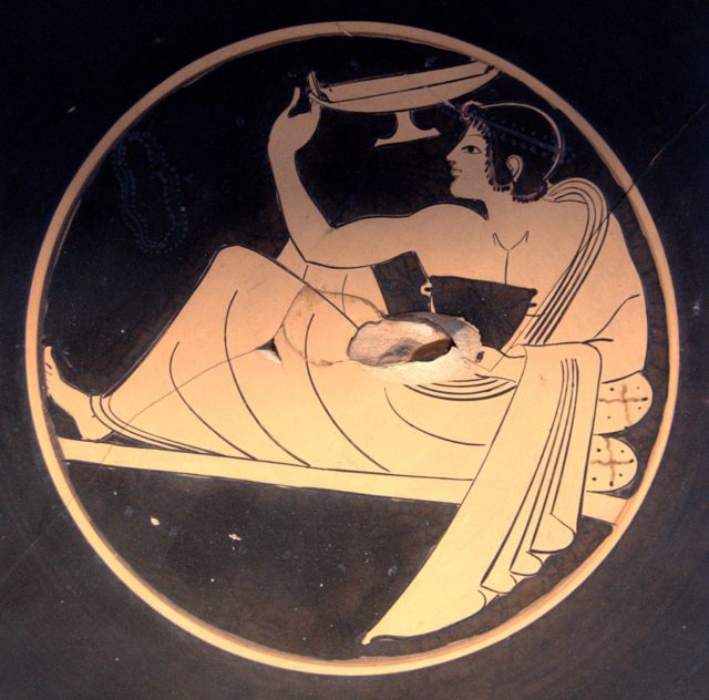 Kottabos player. Interior from an Attic red-figure kylix, ca. 510 BC. 