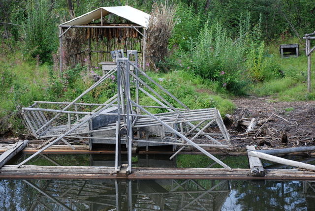 A metal fish wheel in the Tanana River, Alaska. A shelter with drying salmon is in the background. By Harvey Barrison CC BY-SA 2.0