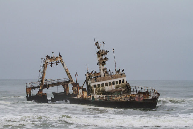 A recent shipwreck now becoming part of the attraction of the Skeleton Coast. Photo Credit