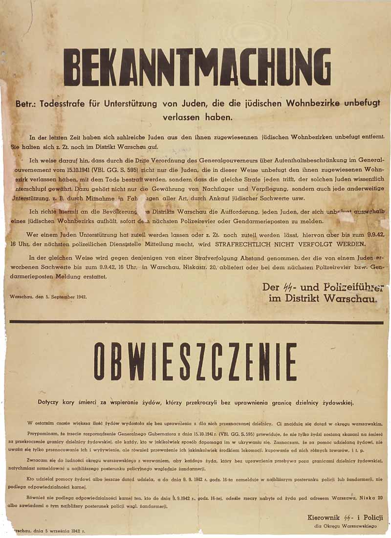 Nazi German poster in German and Polish (Warsaw, 1942) threatening death to any Pole who aided Jews