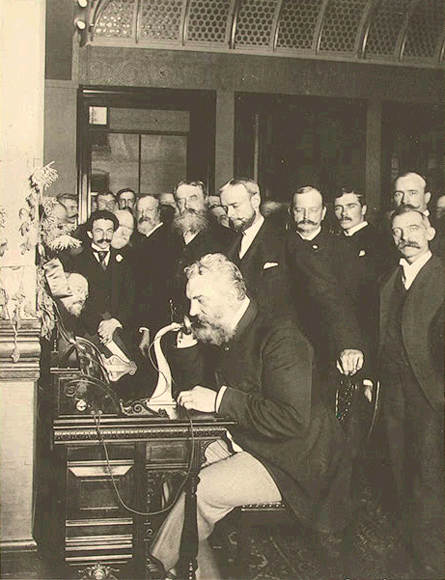 Bell at the opening of the long-distance line from New York to Chicago in 1892. Wikipedia/Public Domain