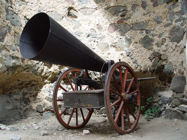 An old-school hail cannon in a castle in Slovakia. By Etan J. Tal CC BY-SA 3.0