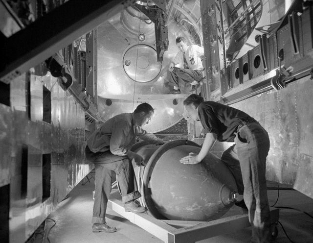 B-29 bomb bay bomb hoist testing at the factory, prior to deployment