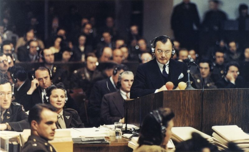 Chief American prosecutor Robert H. Jackson addresses the Nuremberg court. 20 November 1945. Source: Wikipedia/Public Domain