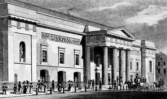 The rebuilt Covent Garden Theatre (later renamed the Royal Opera House) in 1828; Grimaldi started a long collaboration with the theatre in 1806. Wikipedia/Public Domain