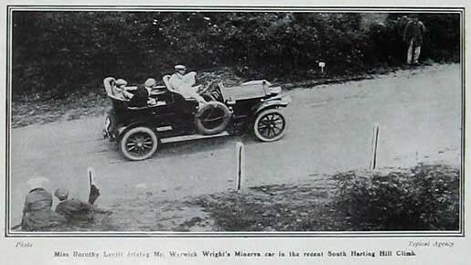Dorothy Levitt drives Warwick Wright and guests in his Minerva in the 1907 South Harting, West Sussex, hill climbSource: Wikipedia/Public Domain