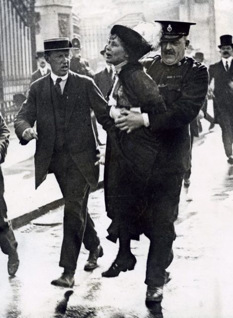 Emmeline Pankhurst being arrested after protesting near Buckingam Palace in London on May 22, 1914. 