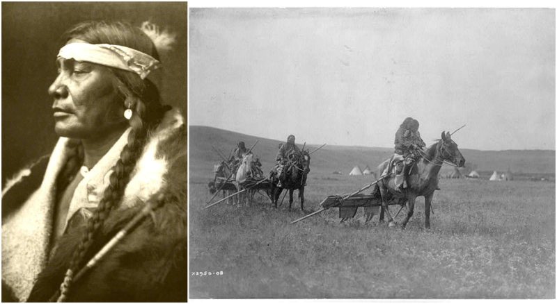Left photo - Assiniboin Boy, a Gros Ventre man, photo by Edward S. Curtis. Wikipedia/Public Domain, Right photo - Gros Ventre moving camp with travois. Wikipedia/Public Domain