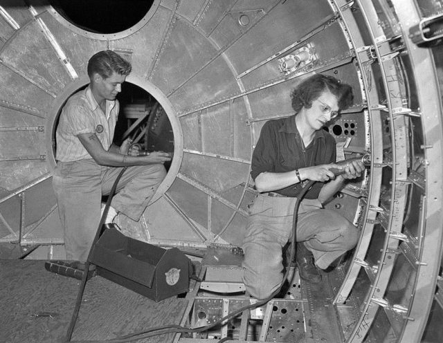 Here, this B-29 aft pressure bulkhead is being riveted with additional spandrels to accommodate the exterior aluminium skin.