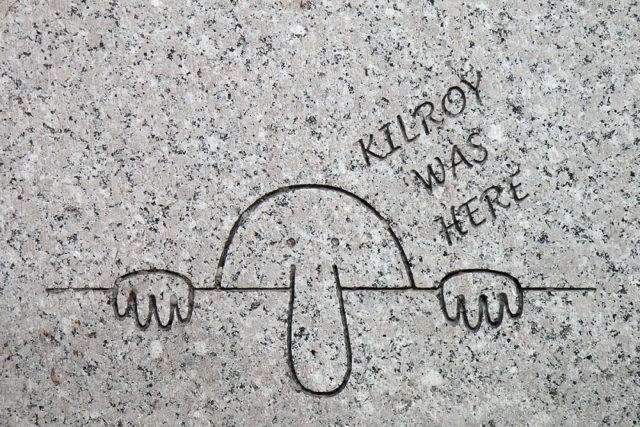 Engraving of Kilroy on the WWII Memorial in Washington DC. Source: By Luis Rubio from Alexandria, VA, USA - Kilroy was here, CC BY 2.0, https://commons.wikimedia.org/w/index.php?curid=3558598