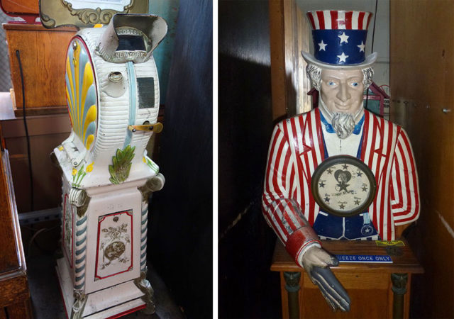 Left-Mutoscope on pedestal. By Daderot CC0 Right-Uncle Sam carnival game....Hot Stuff meter. By Pierre André GFDL
