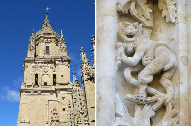 Left-Tower of the New Cathedral of Salamanca. By Appolonia1 CC BY-SA 3.0 Right- A faun eating an ice cream, added during renovations. By Appolonia1 CC BY-SA 3.0
