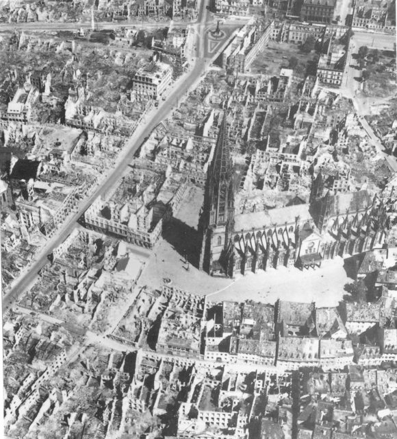 Freiburg photographed in November 1944. Ruins are mostly due to Allied raids towards the end of WWII. Source: Wikipedia / Public Domain