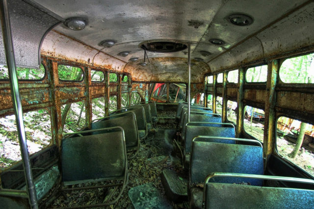 Once filled with people, the trains sit decaying on winding tracks.