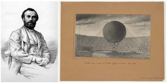 Portrait of Henri Giffard and drawing that shows the giant captive ballon constructed by him in Paris. Images by - Deveaux -Musee de L'Ai et de L'Espace, Public Dpmain, Wikipedia, Public Domain