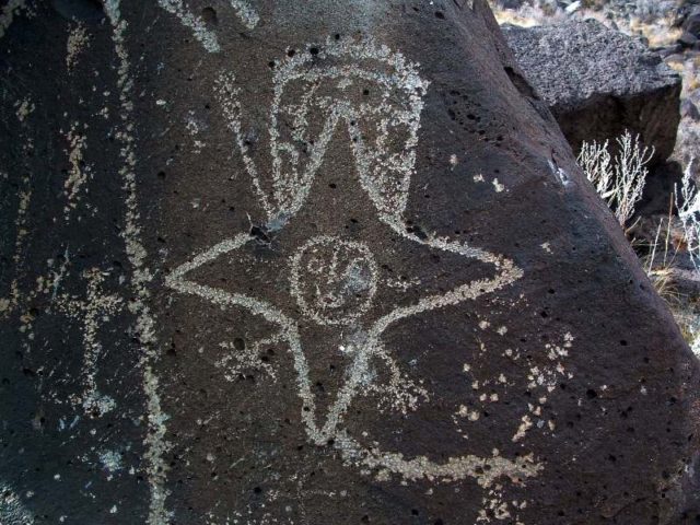 A "star person" petroglyph in the Rinconada section of PNM Source:By Jerry Willis from Tome´, NM, United States of America - Rinconada0031 Star BeingUploaded by PDTillman, CC BY-SA 2.0, https://commons.wikimedia.org/w/index.php?curid=12062293
