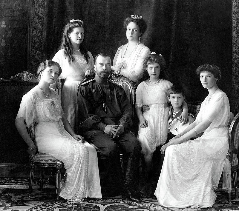 The Romanovs. From left to right: Olga, Maria, Nicholas II, Alexandra, Anastasia, Alexei, and Tatiana. Pictured at Livadia Palace in 1913.