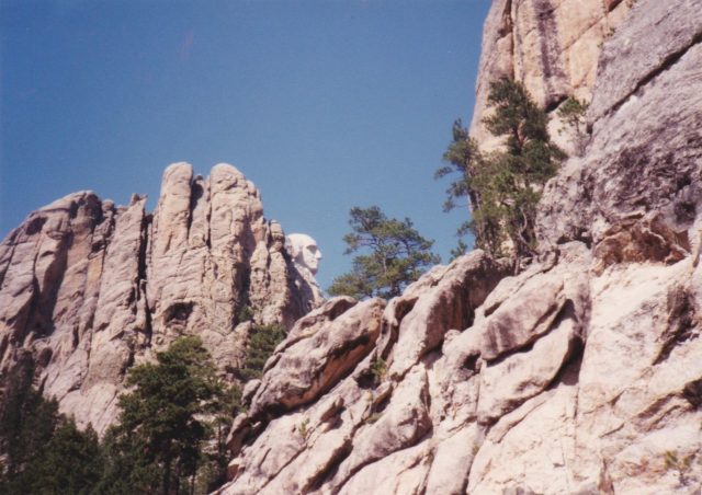Side view of George Washington from rocky terrain at Mount Rushmore