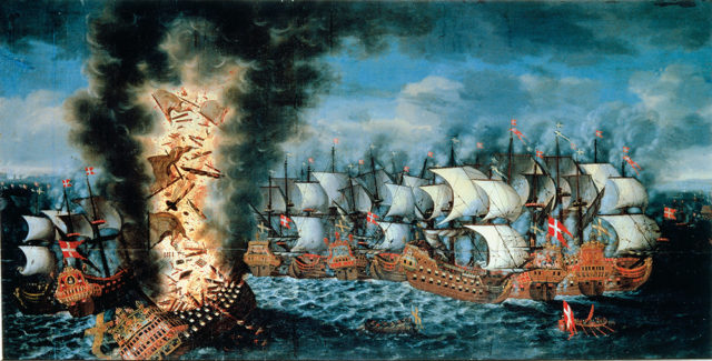 A painting by a Danish artist from 1686, showing how Kronan explodes while foundering
