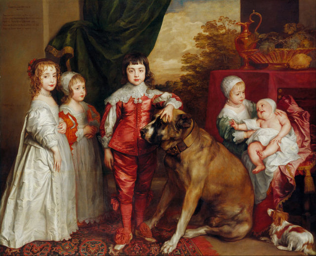 The children of King Charles I of England in 1637 by Van Dyck. From left Mary, James — unbreeched at four, Charles, Elizabeth and Anne. Source: Wikipedia/Public Domain