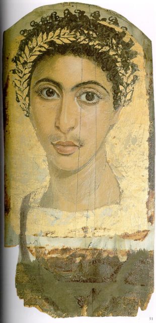 The single specimen of Gayet’s mummy portraits from Antinoopolis for which information on its archaeological context is available. The heavily gilt portrait was found in winter 1905/06 and sold to Berlin in 1907. Berlin, Egyptian Museum.