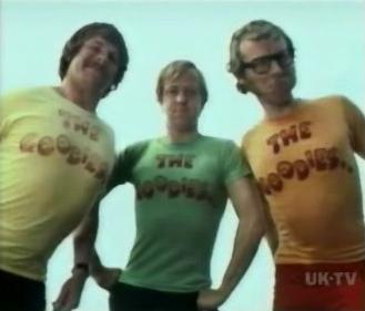 The Goodies - Left to right: Bill Oddie, Tim Brooke-Taylor, Graeme Garden in a screenshot from the title sequence of the BBC TV series
