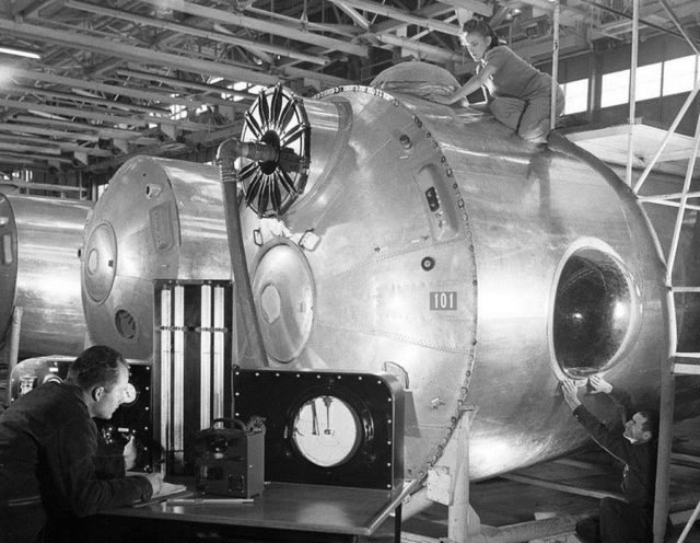 These B-29 rear fuselages are being pressure tested by the engineering staff.
