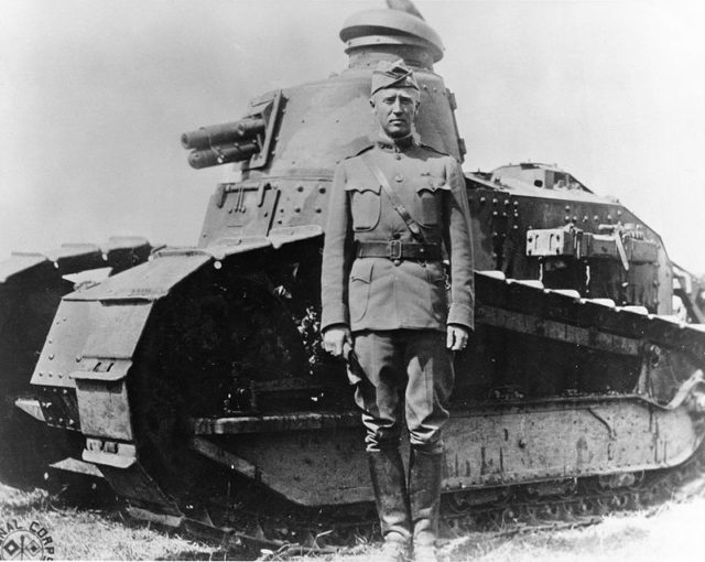 Patton in France in 1918 with a Renault FT light tank Source:Wikipedia/Public domain