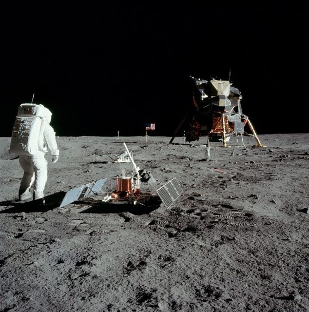 Aldrin next to the Passive Seismic Experiment Package with Eagle in the background Source:Wikipedia/public domain