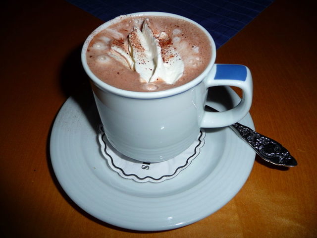 A cup of hot chocolate with whipped cream and cocoa powder. By 4028mdk09 - Own work, CC BY-SA 3.0, https://commons.wikimedia.org/w/index.php?curid=8030815