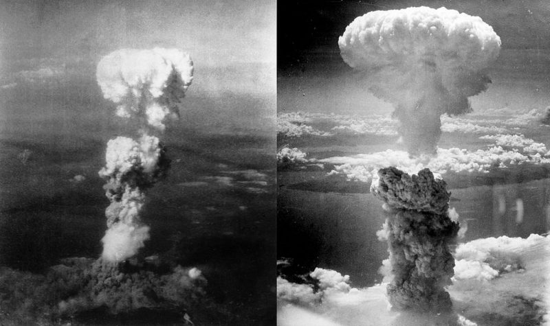Atomic bomb mushroom clouds over Hiroshima (left) and Nagasaki (right). Photo Credit
