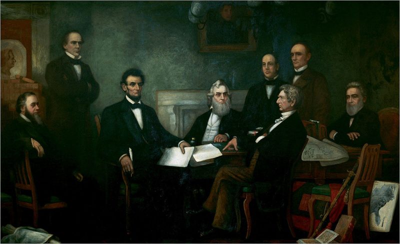 Abraham Lincoln presents the first draft of the Emancipation Proclamation to his cabinet. Painted by Francis Bicknell Carpenter in 1864