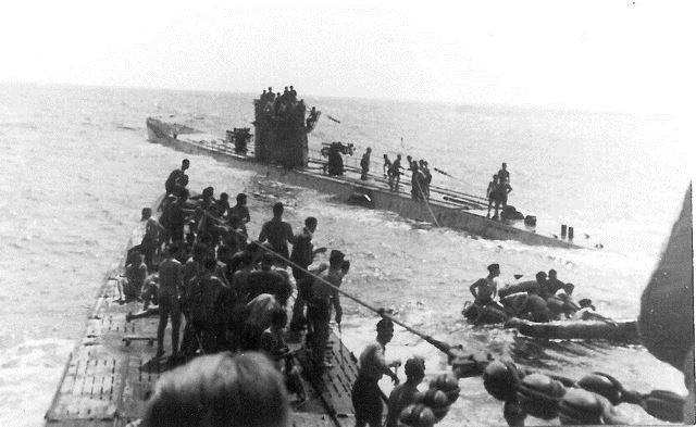 Shuttle service for shipwrecked persons from the Laconia between U156 (foreground) and U507 (background)