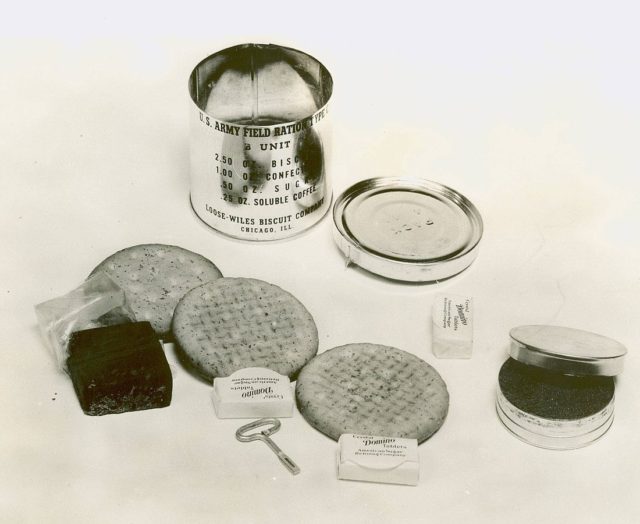 U.S. military C-ration with a fudge bar (far left).