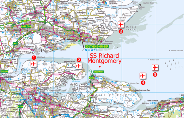 Map of the Thames Estuary with the exclusion zone around the wreck of Richard Montgomery, and locations of proposed airports: 1. Cliffe; 2. Grain (Thames Hub); 3. Foulness; 4. Off the Isle of Sheppey; 5. Shivering Sands (“Boris Island”). Photo Credit