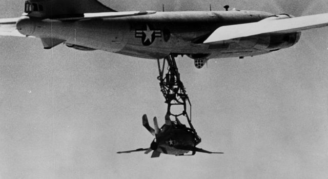The horse collar is raised beore launching the XF-85.