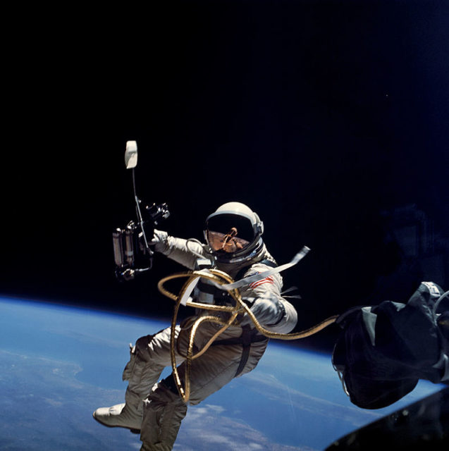 Ed White performs the first US spacewalk in 1965 during the Gemini 4.