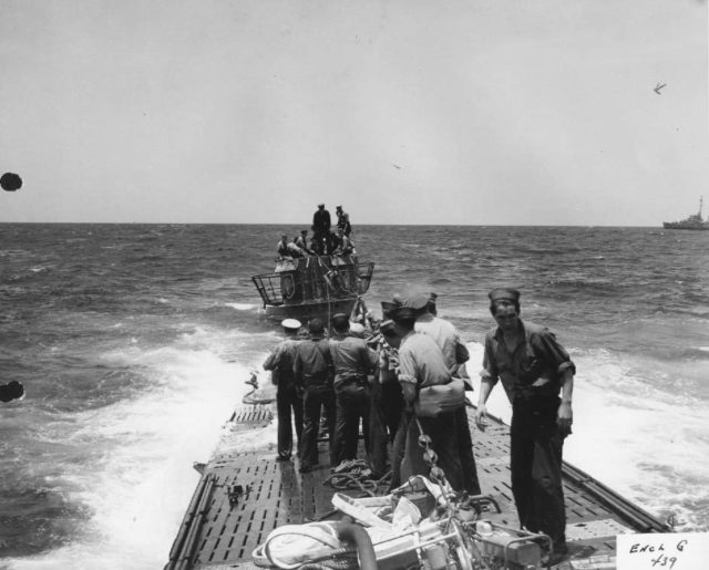 View from bow of sub showing salvage crew.