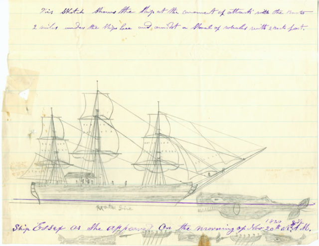 A whale striking Essex on 20 November 1820 (sketched by Thomas Nickerson) 