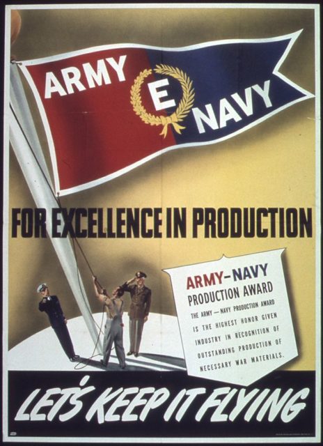 The Army-Navy "E" Award was an honor presented to companies during World War II whose production facilities achieved "Excellence in Production" ("E") of war equipment. The award was also known as the Army-Navy Production Award. The award was created to encourage industrial mobilization and production of war time materials. By war's end, the award had been earned by only 5% of the more than 85,000 companies involved in producing materials for the U.S. military's war effort.